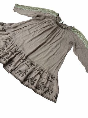 URBAN MANGOZ Boho Embroidered Taupe Peasant Dress with Sageish Lace Trim